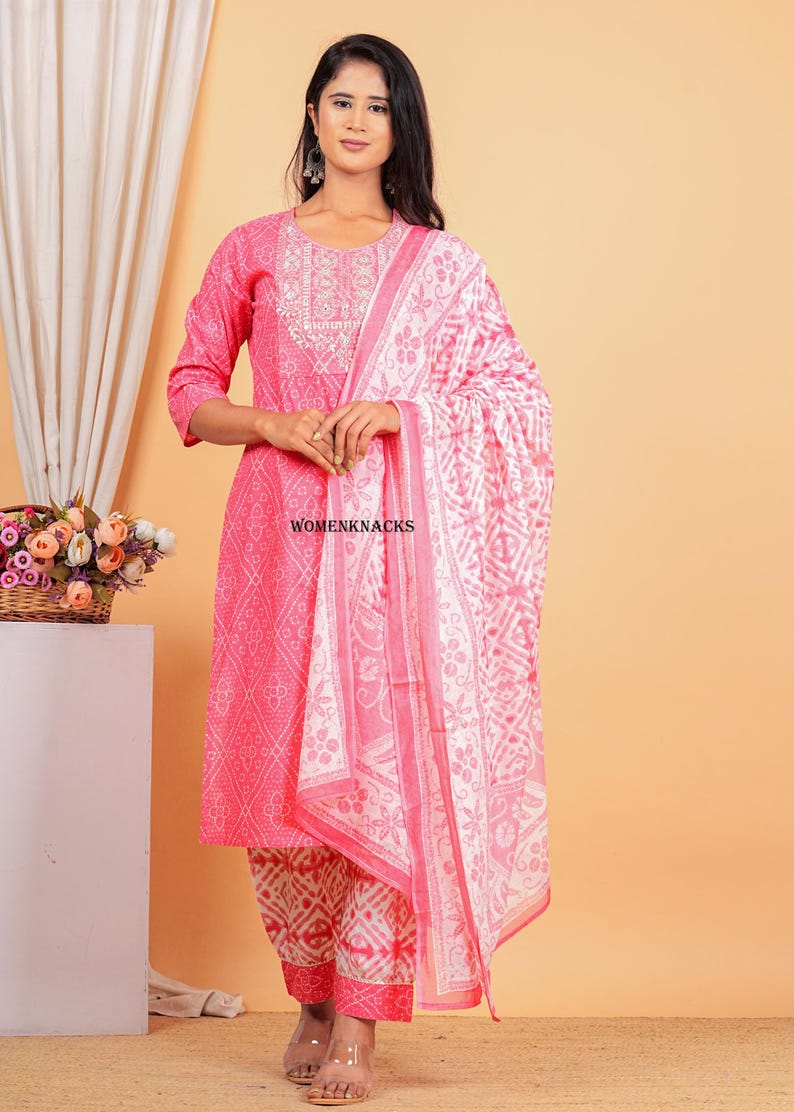Floral Printed cotton kurti set with Dupatta Traditional Indian Outfit | Ethnic Kurta Set for Women readymade 3 pc set image 10