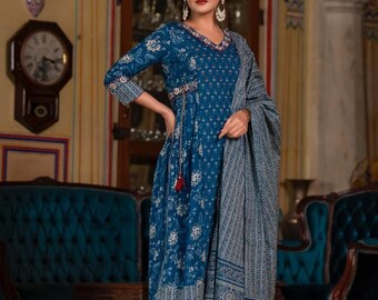 Pakistani Salwar Kameez Navye blue Kurta Afghani Pant and dupatta Dress, Wedding Outfit, Casual Wear 3 Pc Kurti set