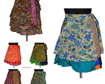 Wholesale Lot Of 5 Pc Vintage Indian Silk Mini Skirt Bohemian Floral Hippie Skirts Boho skirt Summer Wrap skirt (Assorted Colors)