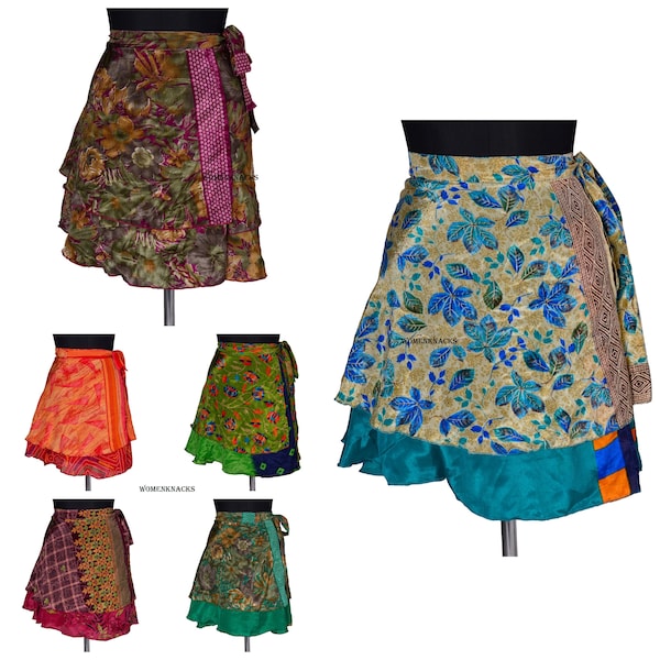 Wholesale Lot Of 5 Pc Vintage Indian Silk Mini Skirt Bohemian Floral Hippie Skirts Boho skirt Summer Wrap skirt (Assorted Colors)