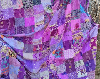 Courtepointe indienne en patchwork kantha faite main - Jeté bohème en soie