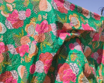 Handmade Floral Kantha Quilt, Organic Cotton Reversible Throw