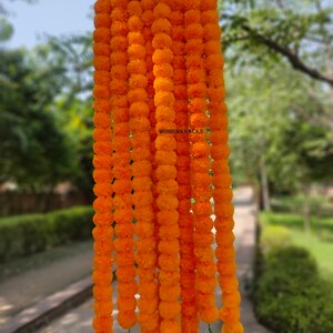 K&ouml;nnte beinhalten: Eine Girlande aus leuchtend orangefarbenen Ringelblumenbl&uuml;ten, die auf einem Draht aufgereiht sind. Die Girlande h&auml;ngt an einem Draht und ist scharf vor einem verschwommenen Hintergrund aus gr&uuml;nen B&auml;umen und einem gepflasterten Weg.