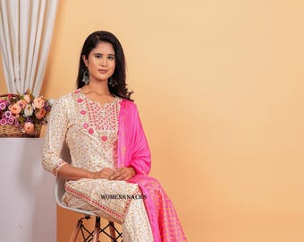 New Designer Cotton Printed Straight Kurti Pant With Dupatta Set Indian Handmade Wedding Party Wear Salwar kameez Set Kurta And Kurti Sets