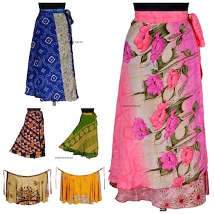 May include: Five different colorful wrap skirts with floral and geometric patterns. The skirts are made of silk and have a flowing, bohemian style.