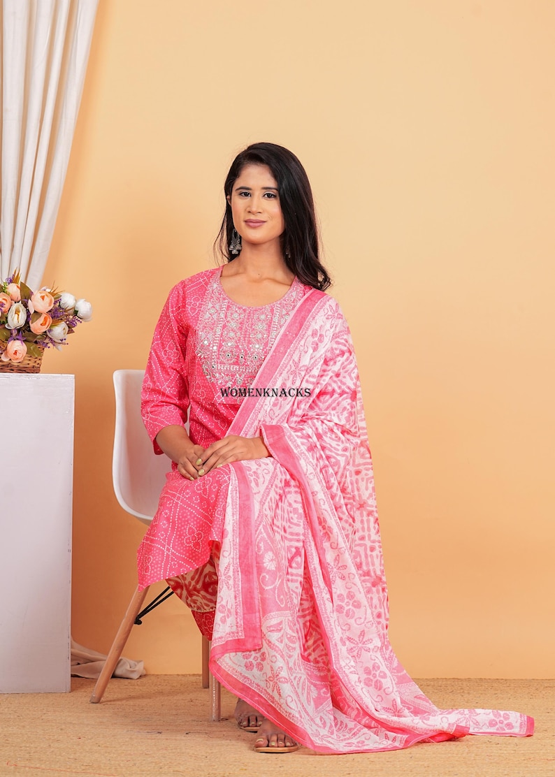 Floral Printed cotton kurti set with Dupatta Traditional Indian Outfit | Ethnic Kurta Set for Women readymade 3 pc set image 3