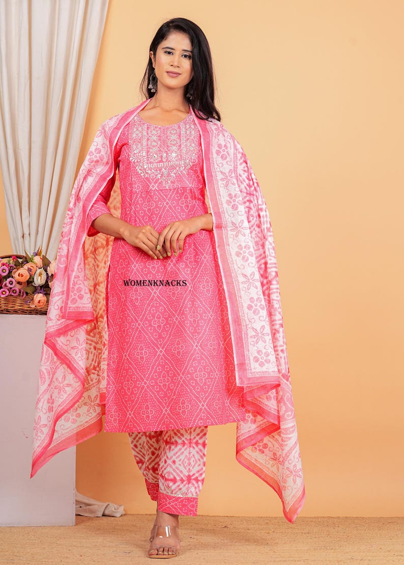 Floral Printed cotton kurti set with Dupatta Traditional Indian Outfit | Ethnic Kurta Set for Women readymade 3 pc set image 8