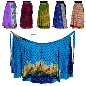 May include: A collection of six colorful silk wrap skirts with various patterns, including floral, paisley, and polka dots. The skirts are made of soft, flowing fabric and can be worn in a variety of ways.