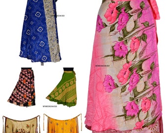 Long Silk Wrap Skirts Indian Ankel Length Vintage Double Layer Skirts, Maxi Skirts Beach Wear Sarong Printed Skirts Tie Length Magic Wraps