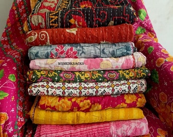 Edredón Kantha indio vintage, manta reversible estilo boho, colcha hecha a mano, decoración.