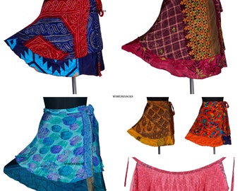 5 Pc Vintage Mini Silk Wrap Skirts: Bohemian Short Sarongs