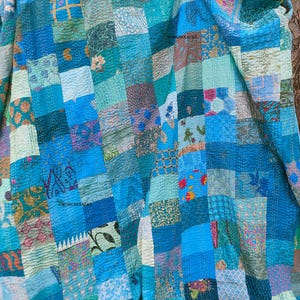 Handmade patchwork quilt silk kantha throw cotton fabric yellow blanket queen size vintage bedsheets
