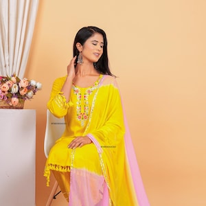 Indian Traditional Cotton Kurti set and gotta lace work printed kurta with Pant and Dupatta set 3pcs Set for Women & Girls All Occasion wear