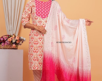 Conjunto de kurta de algodón puro para mujer, kurti recto estampado con pantalón y dupatta, conjunto de salwar kameez de 3 piezas confeccionado hasta 4XL
