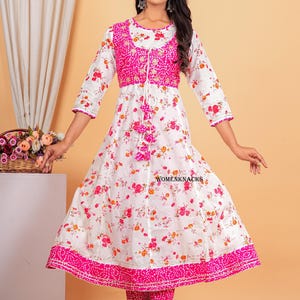 Women Anarkali Kurti set Indian Ethnic Readymade Cotton kurti Partywear embroidery Handwork with printed 3 Pc Kurti set for women gift