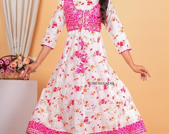 Women Anarkali Kurti set Indian Ethnic Readymade Cotton kurti Partywear embroidery Handwork with printed 3 Pc Kurti set for women gift