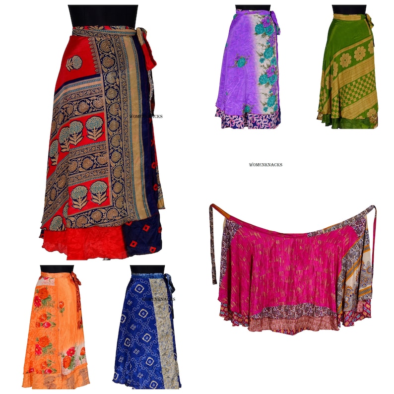 May include: Six different colorful wrap skirts with various patterns and designs. The skirts are made of silk and have a flowing, bohemian style.