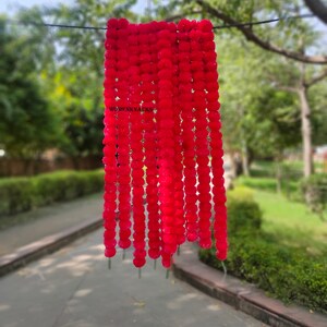 K&ouml;nnte beinhalten: Eine Girlande aus roten k&uuml;nstlichen Bl&uuml;tenpompons, die an einem Draht h&auml;ngen. Die Pompons bestehen aus weichem, flauschigem Material und sind in einer kaskadierenden Anordnung angeordnet. Der Text "WOMENKNACKS" ist auf der Girlande sichtbar.
