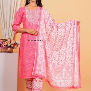Floral Printed cotton kurti set with Dupatta Traditional Indian Outfit | Ethnic Kurta Set for Women readymade 3 pc set image 7