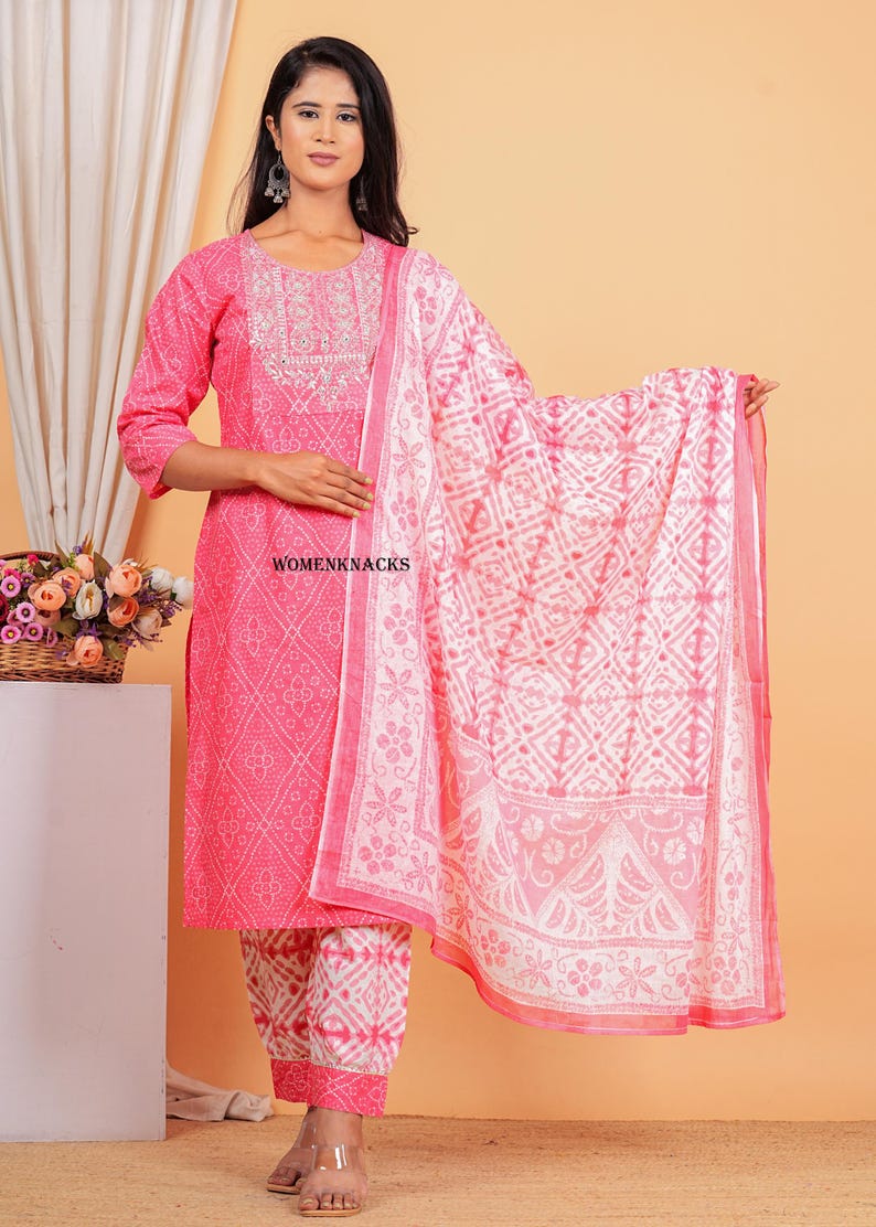 Floral Printed cotton kurti set with Dupatta Traditional Indian Outfit | Ethnic Kurta Set for Women readymade 3 pc set image 7