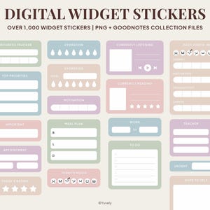 Könnte beinhalten: Digitale Widget-Aufkleber in Pastellfarben, darunter Fortschrittsverfolgungen, Hydratationsdiagramme und To-Do-Listen. Das Bild zeigt verschiedene digitale Widgets für Planung und Organisation, mit dem Text "DIGITAL WIDGET STICKERS" oben.