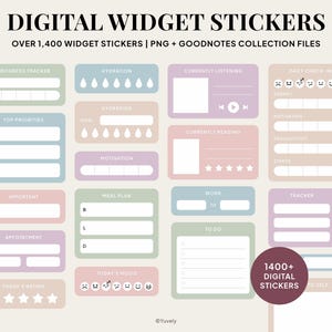Könnte beinhalten: Eine Sammlung digitaler Widget-Sticker in Pastelltönen mit Beschriftungen wie Progress Tracker, Hydration, Currently Listening und Daily Check-in. Der Text lautet Digital Widget Stickers, Over 1,400 Widget Stickers, PNG + Goodnotes Collection Files.