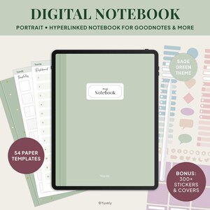 Könnte beinhalten: Digitales Notizbuch mit einem salbeigrünen Thema. Das Bild zeigt ein Tablet mit hellgrüner Hülle und dem Text "my Notebook". Enthält 54 Papiervorlagen und über 300 Aufkleber und Cover.