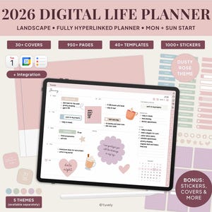 Könnte beinhalten: Digitaler Life Planner 2026 im Dusty-Rose-Design. Enthält über 30 Cover, 950+ Seiten, 40+ Vorlagen und 1000+ Sticker. Vollständig verlinkt, im Querformat. Bonus: Sticker, Cover und mehr. Mit Text "2026 DIGITAL LIFE PLANNER".