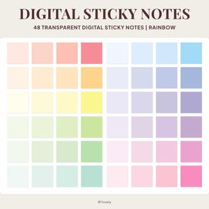 Könnte beinhalten: Digitale Haftnotizen in Regenbogenfarben. Das Bild zeigt 48 transparente digitale Haftnotizen in einem Raster, jede in einem anderen Pastellton. Der Text oben lautet "DIGITAL STICKY NOTES" und "48 TRANSPARENT DIGITAL STICKY NOTES | RAINBOW."