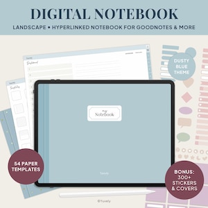 Könnte beinhalten: Digitales Notizbuch mit einem staubigen blauen Thema, im Querformat. Enthält 54 Papiervorlagen, über 300 Aufkleber und Cover. Das Notizbuch ist für GoodNotes und mehr. Unten befindet sich ein weißer Stift.