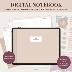 Könnte beinhalten: Digitales Notizbuch mit beigem Thema, Querformat und Hyperlink-Funktionen. Enthält 54 Papiervorlagen und über 300 Aufkleber und Cover. Das Notizbuch wird auf einem Tablet mit einem Stift angezeigt.