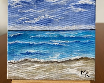 Original Acrylic Canvas Painting, The Beach is Calling, 4" X 4", Easel included