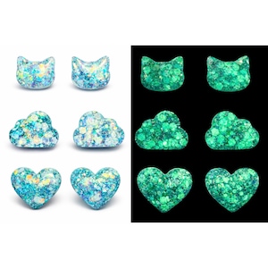 Glowing Glitter Earrings || Glow In The Dark || Kawaii Clouds Hearts Cats || Kitty studs