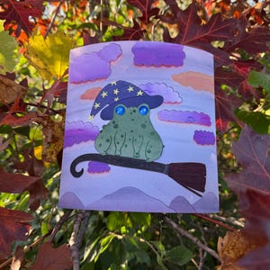 May include: A colourful illustration of a green frog in a blue wizard's hat with stars, riding a broomstick against a purple sky with clouds. The frog has large blue eyes and is perched on a brown broom.