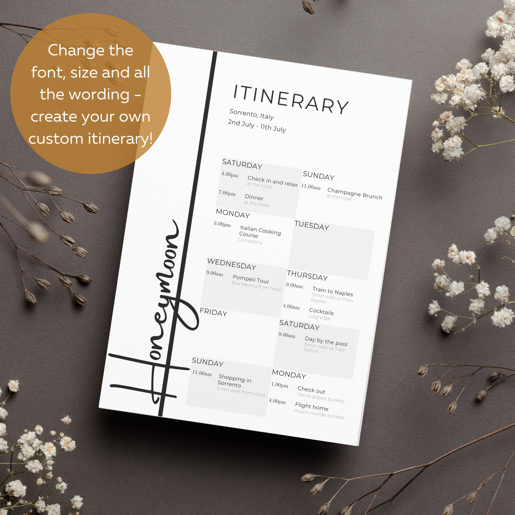 Travel Itinerary Planner Honeymoon Editable Template, Minimalist Black