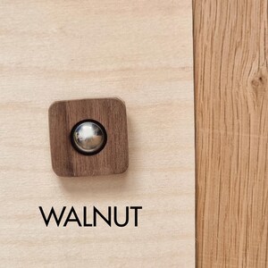 May include: A square, walnut-colored wooden knob with a silver metal center. The word "WALNUT" is printed in black below the knob. The knob is set against a light wood grain background.