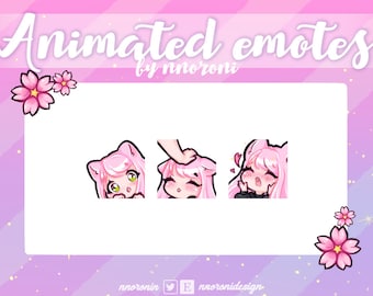 1 GEANIMEERDE set Cute Chibi Cat Girl Emote - Pink Hair Green Eyes Twitch Emotes / sub badges / aangepaste emotes / Cute twitch emotes