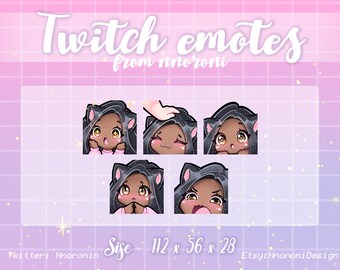 2 set Cute Chibi Cat Girl Emote  - Dark skin Black Hair Brown Eyes Cute Twitch Emotes  / sub badges / custom emotes /  animated emotes