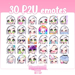 30 emotes cute girl Silver Gray White hair Green eyes - Twitch Emotes | sub badges | animated emotes | Chibi twitch emotes