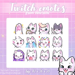 Puede incluir: Un conjunto de nueve emoticonos de Twitch de gato blanco con diferentes expresiones, incluyendo una huella de pata, llorando y riendo. Los emoticonos están en un formato de cuadrícula y están rodeados de un fondo a cuadros rosa y blanco. El texto "Twitch emotes from nnoroni" está en la parte superior de la imagen. El texto "Size 112 x 56 x 28" está en la parte inferior de la imagen.