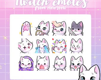 1 BIG SET  White cat - Twitch Emotes / sub badges / cat emotes / Cute twitch emotes / custom twitch emotes / cat sub badges