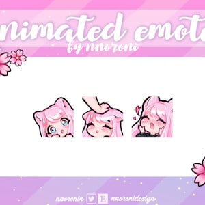 May include: Three animated emotes featuring a pink-haired character with cat ears. The character is shown in three different poses: looking up, looking down, and blushing with hearts around her head. The emotes are designed in a cute, cartoon style.