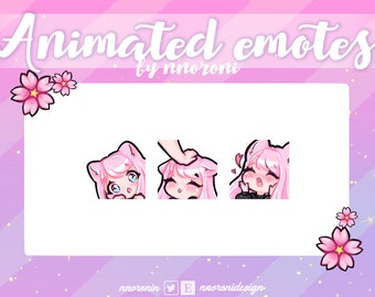 1 ANIMATED set Cute Chibi Cat Girl Emote  - Pink Hair Blue Eyes Twitch Emotes  / sub badges / custom emotes / Cute twitch emotes