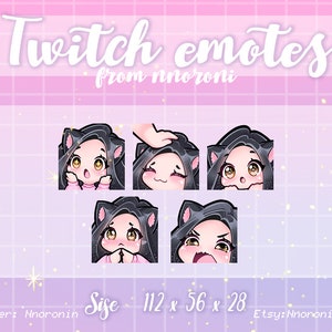 かわいいちび猫ガールエモート2セット - 黒髪茶色の目Twitchエモート/サブバッジ/カスタムエモート/かわいいTwitchエモート/アニメーションエモート