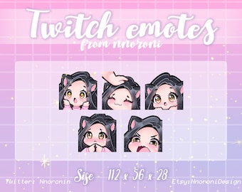 2 set Cute Chibi  Cat Girl Emote  - Black Hair Brown Eyes Twitch Emotes  / sub badges / custom emotes / Cute twitch emotes / animated emotes