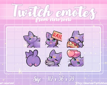 May include: Six purple cat Twitch emotes with different expressions. The emotes are 112 x 56 x 28 pixels in size. The emotes include a cat holding a sign that says "RAIL", a cat eating ramen, a cat with its back turned, a cat holding a video game controller, and two cats holding hearts.