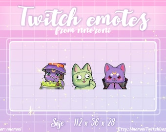May include: Three purple cat Twitch emotes with different expressions. The first cat is wearing a witch hat and holding a cauldron. The second cat is green and has stitches on its face. The third cat is wearing a vampire cape and has a crescent moon on its forehead. The emotes are 112 x 56 x 28 pixels.