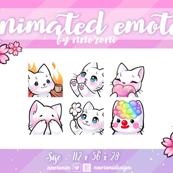 6 set ANIMATED White Cat Emotes  - Twitch Emotes / sub badges / custom emotes / Cute twitch emotes / cat emotes / dance emote cat