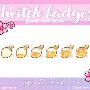 Puede incluir: Conjunto de siete insignias de Twitch que representan una botella de poción amarilla con un tapón de corcho. Las insignias son de diferentes tamaños: 72 x 36 x 18 píxeles. El texto "Twitch badges from nnoroni" está en la parte superior de la imagen.