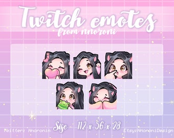 1 set Cute Chibi  Cat Girl Emote  - Black Hair Brown Eyes Twitch Emotes  / sub badges / custom emotes / Cute twitch emotes / animated emotes